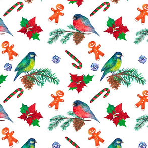 New year holiday watercolor seamless background with birds and poinsettia flowers on white