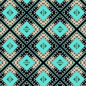 turquoise beige black geometric pattern in patchwork style