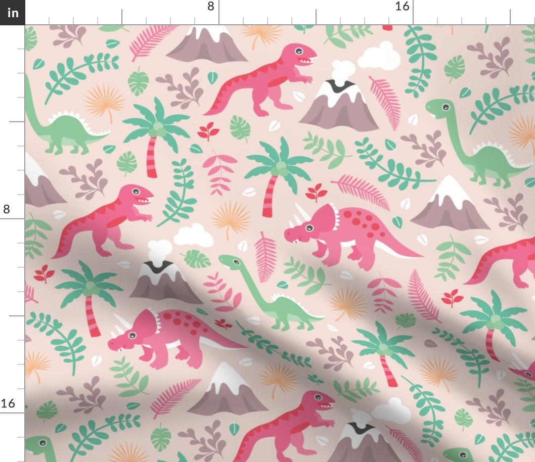 Colorful botanical dino monster garden kids dinosaurs design volcano palm tree leaves pastel pink girls LARGE