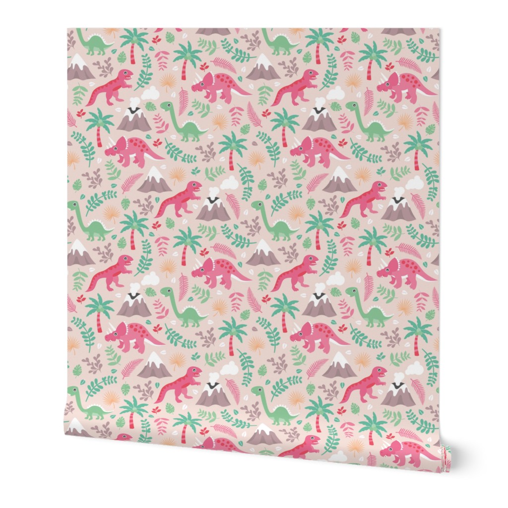 Colorful botanical dino monster garden kids dinosaurs design volcano palm tree leaves pastel pink girls MEDIUM