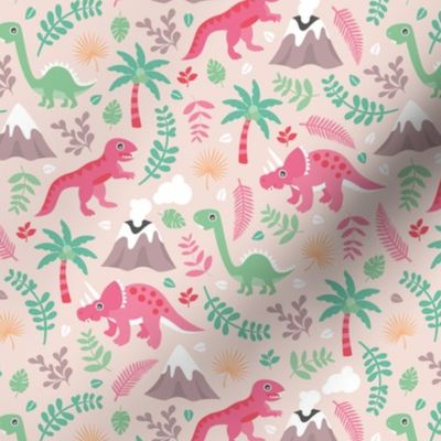 Colorful botanical dino monster garden kids dinosaurs design volcano palm tree leaves pastel pink girls MEDIUM