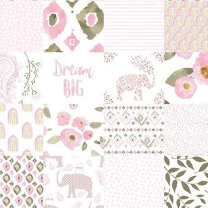 8" Boho Pastel Pink Elephant Floral Whole Cloth