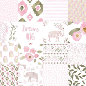 21" Boho Pastel Pink Elephant Floral Whole Cloth