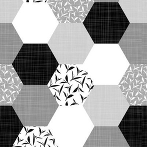 tea leaf hexagons - black and white - linen texture