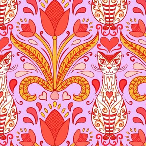 folk art cats and tulips on retro pink