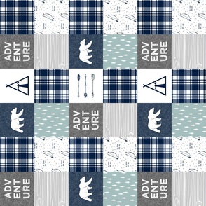 (3" small scale) Adventure Patchwork Fabric  (90)  || navy grey dusty blue - bear C18BS