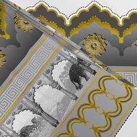 Photographic Scenic Elephant Scalloped Border, Gray/Gold Toile; 14.22" x 24"