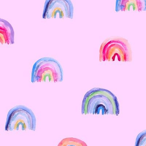 Watercolor rainbow on pink || colorful painted pattern for baby girl