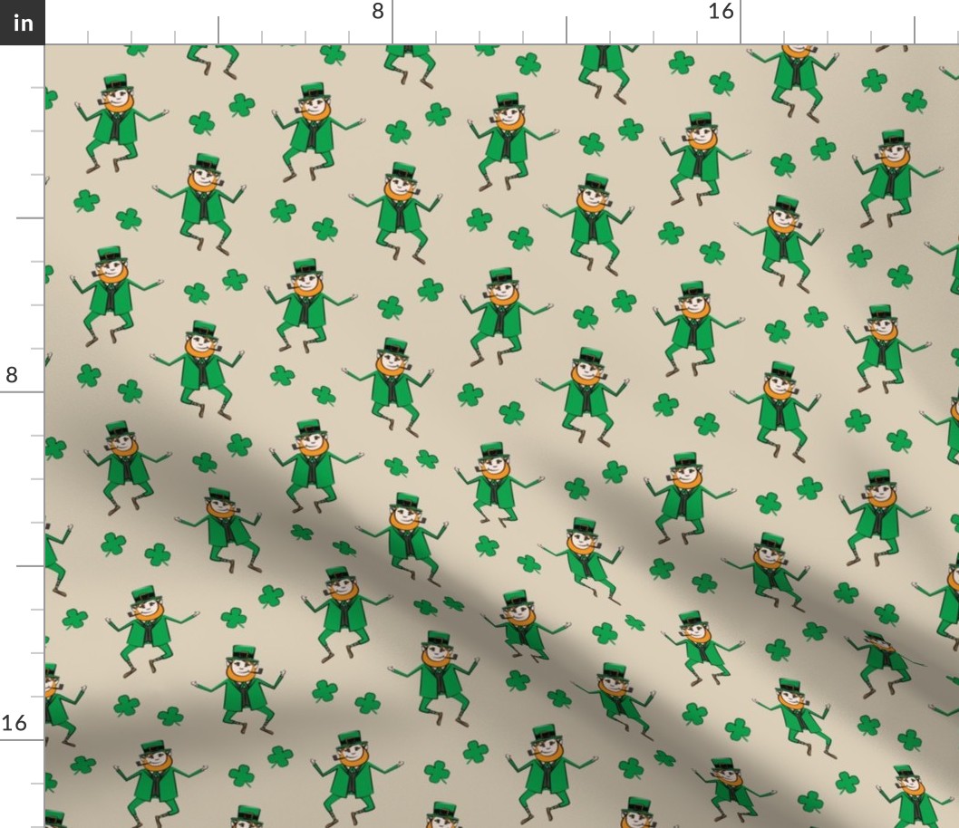 Leaping Leprechaun with Shamrocks - Beige