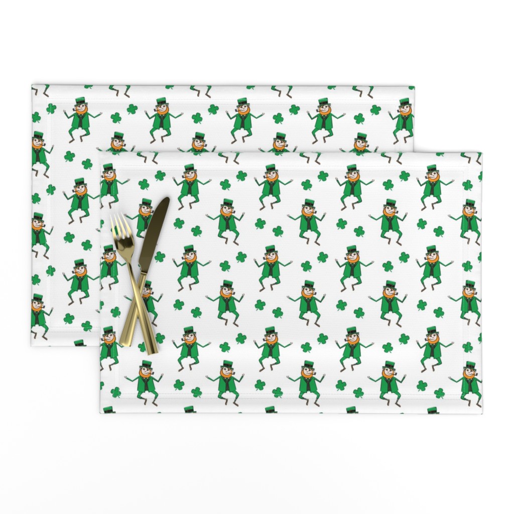 Leaping Leprechaun with Shamrocks - White