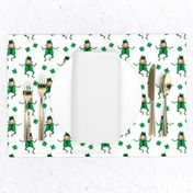 Leaping Leprechaun with Shamrocks - White