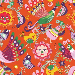 scandinavian folkart birdies | orange