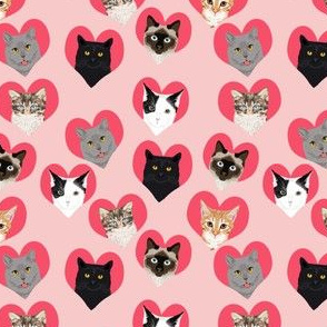 SMALL - love cat pink  hearts cute valentines love cat kitty kitten cute hearts cat lady fabric