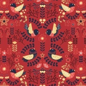 Scandinavian Flooral Birds - Vintage Red