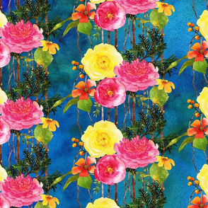 Watercolor garden roses in pinks on blue wash