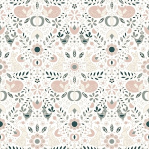 Folk Woodland Damask in Forest Green, Beige, Cream and Dusty Pink on white