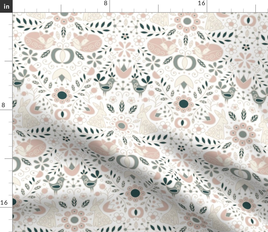 Folk Woodland Damask in Forest Green, Beige, Cream and Dusty Pink on white