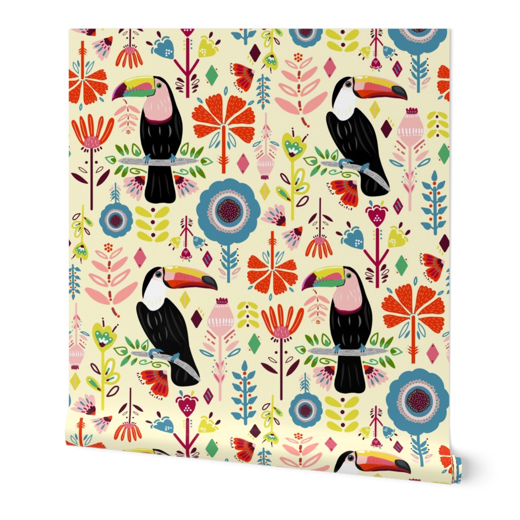 Colorful Scandinavian Toucans On Cream (Large version)