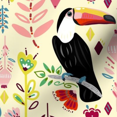 Colorful Scandinavian Toucans On Cream (Large version)