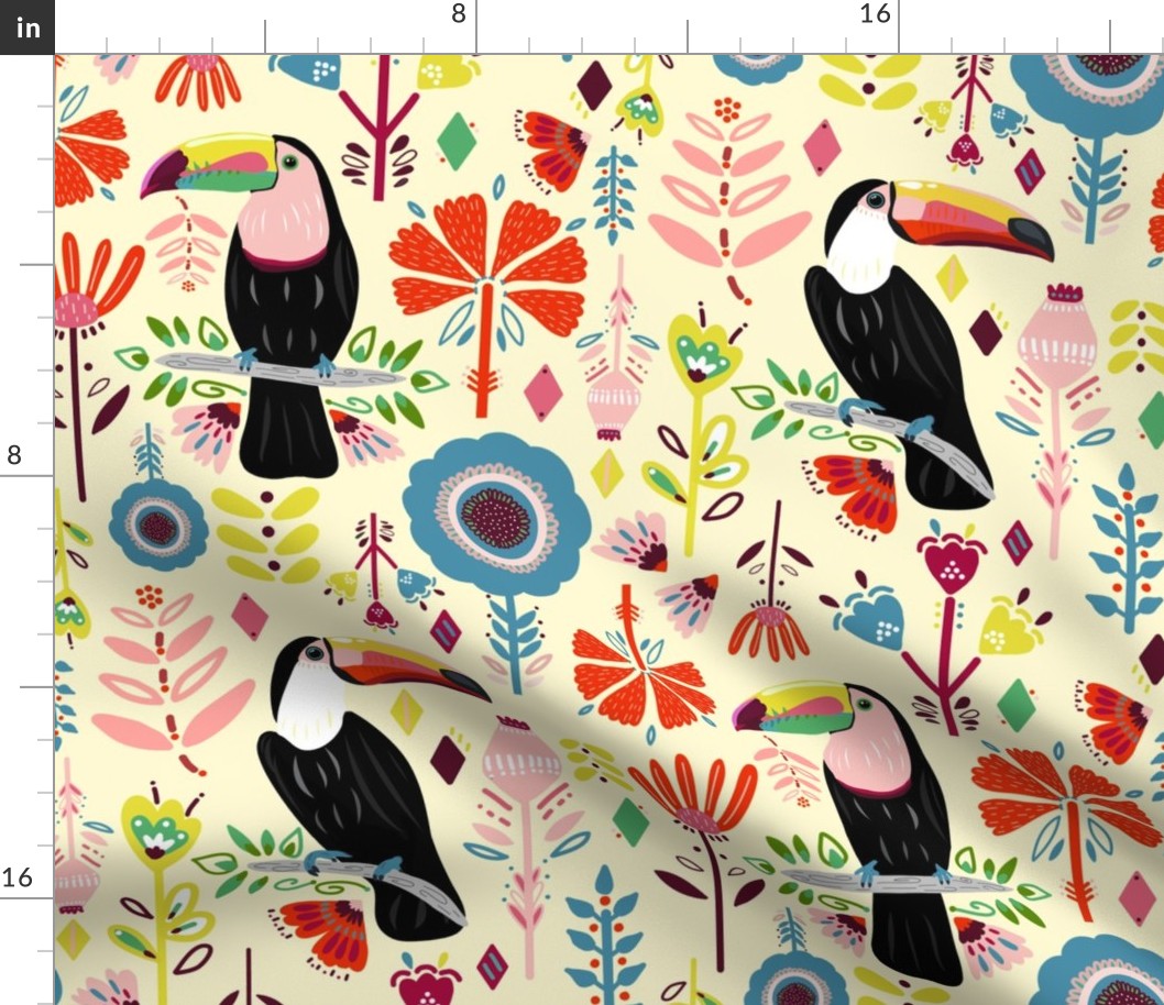 Colorful Scandinavian Toucans On Cream (Large version)