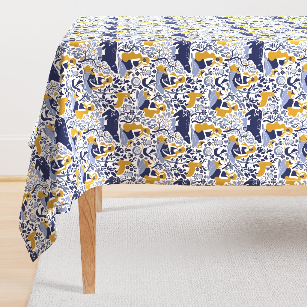 Small scale // Mother Nature Scandinavian Inspiration //  white background blue and yellow mustard details