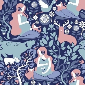 Small scale // Mother Nature Scandinavian Inspiration // navy background blue and pink details