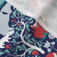 Small scale // Mother Nature Scandinavian Inspiration // navy background aqua and red details