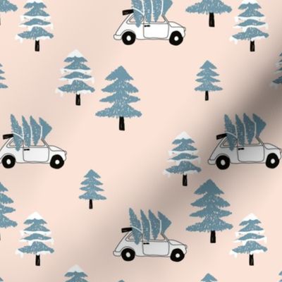 Christmas and pine tree winter wonderland seasonal winter day vintage car print gender neutral blue