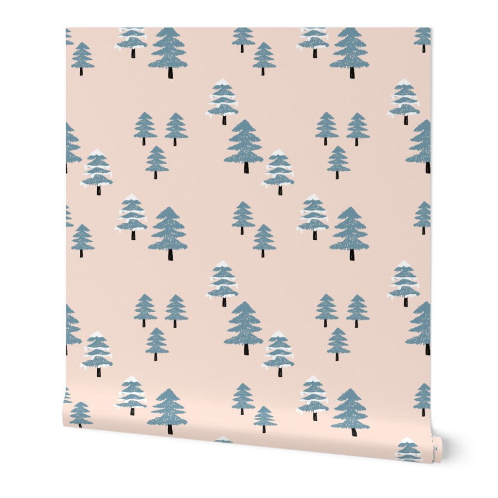 Sweet winter forest pine tree wonderland gender neutral soft peach blue