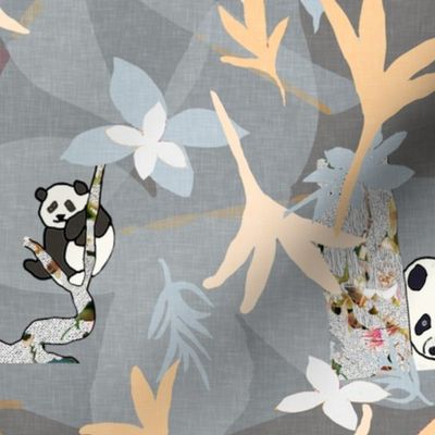 Panda Party  on grey with white and yellow  leaves