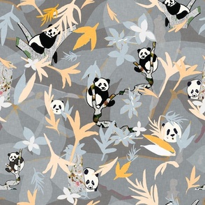 Panda Party  on grey with white and yellow  leaves