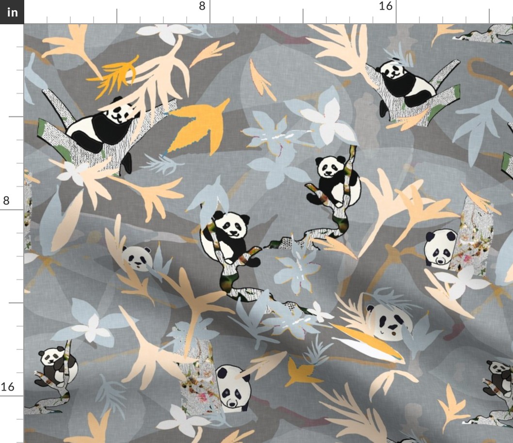 Panda Party  on grey with white and yellow  leaves