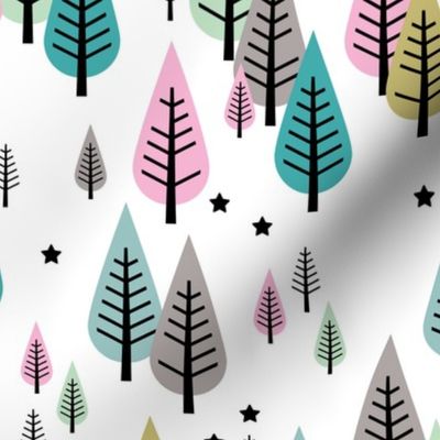 Little pine tree forest Scandinavian style trees and stars winter wonderland green pink