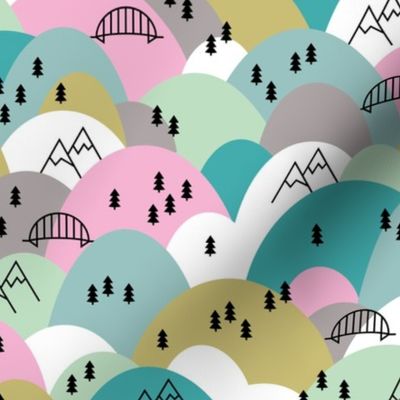 Hills and mountains summer roadtrip holiday design scandinavian pine tree forest pink summer  girls