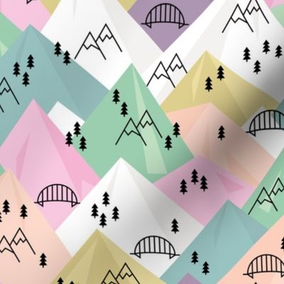 Abstract Scandinavian mountains woodland road trip adventure and pine tree forest pink girls