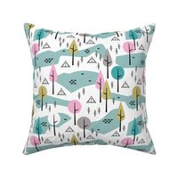Camping adventure mountain river and woodland forest trees spring summer design blue pink girls
