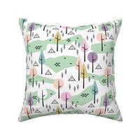 Camping  Canada adventure mountain river and woodland forest trees spring summer design pastel mint girls