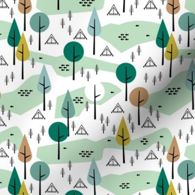 Camping  Canada adventure mountain river and woodland forest trees spring summer design gender neutral boys green