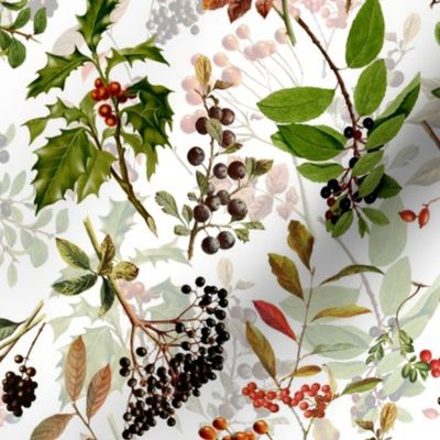 10" vintage botanical wild flowers and berries on white