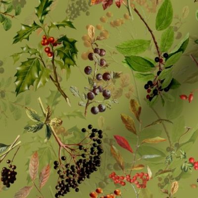 10" vintage botanical wildflowers and berries on green