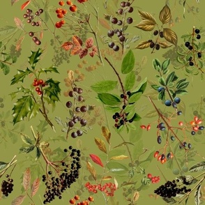 10" vintage botanical wildflowers and berries on green