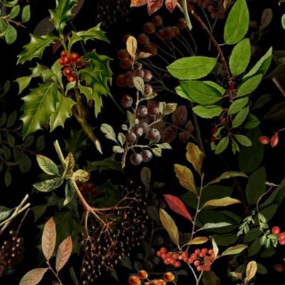 10" vintage botanical wildflowers and nostalgic  berries on black
