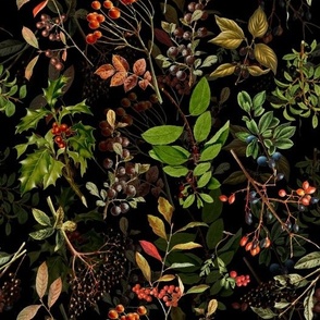 10" vintage botanical wildflowers and nostalgic  berries on black