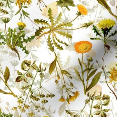 10" yellow vintage botanical wildflowers on  white