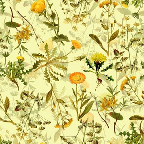 10" yellow vintage botanical wildflowers on  yellow