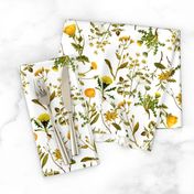 10" nostalgic yellow vintage botanical antiqued dandelion and  wildflowers on  white- farmhouse wildflowers home decor 