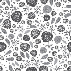 Roses Garden-Flowers in Bloom repeat pattern Background in Grey and White