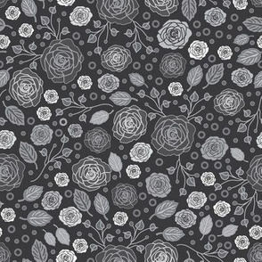 Roses in Grey-Flowers in Bloom  repeat pattern Background in Grey and White