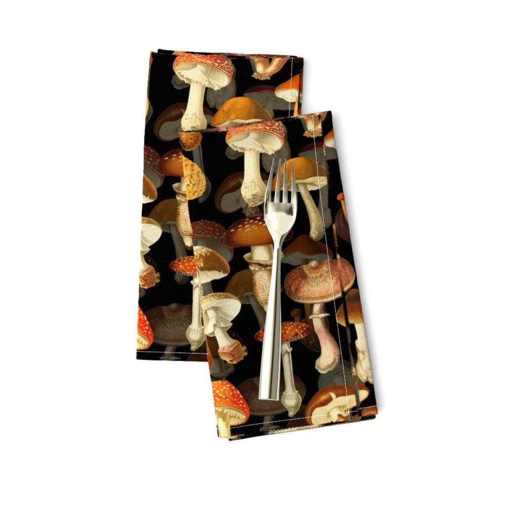 10” vintage hand drawn botanical fungus mushrooms double on black-Antique mushroom fabric,mushrooms fabric Psychadelic  Mushroom Wallpaper