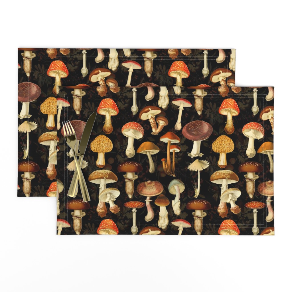 vintage hand drawn botanical fungus cabincore mushrooms double on black- Nostalgic  Autumn home decor, antique Psychadelic  Mushroom Wallpaper wallpaper,Antique mushroom fabric,mushrooms fabric